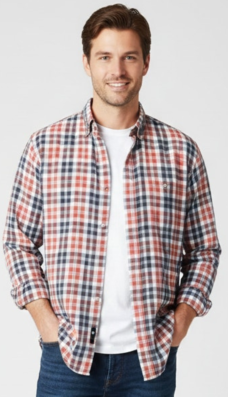 Premier international Orange & Brown Plaid Button Front Flannel Shirt Men's XL